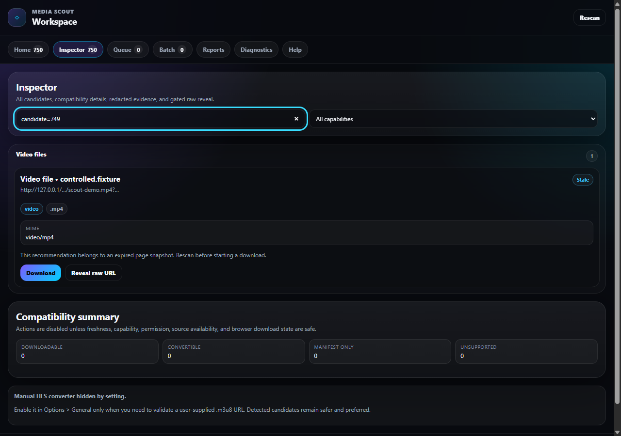 Media Scout Downloader Inspector showing one synthetic eligible-media result in the real unpacked extension