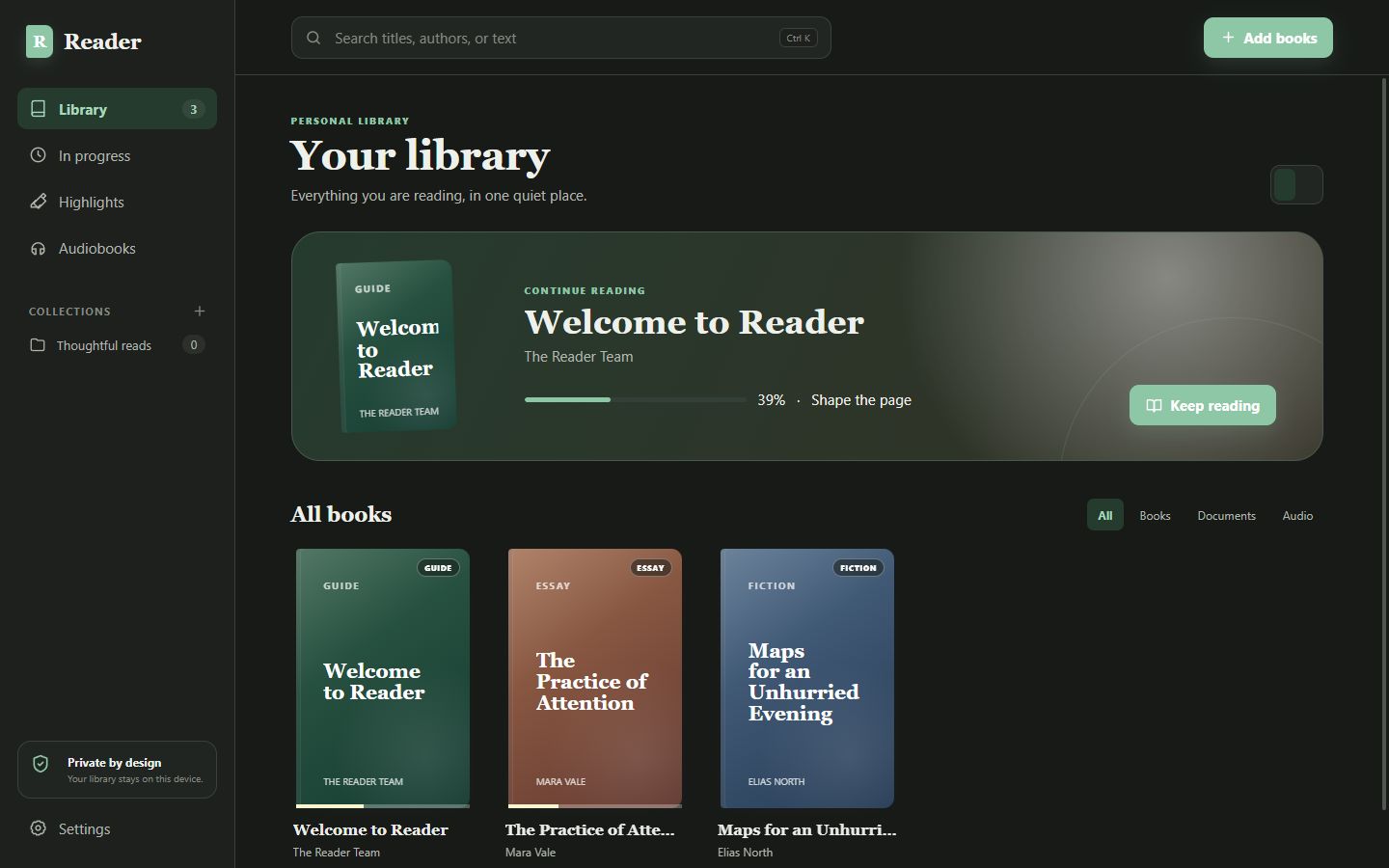 Reader library overview showing three original synthetic titles, search, progress, local navigation, and a privacy message