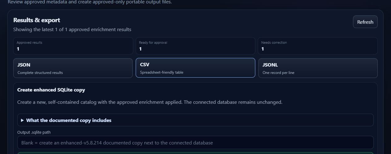 Synthetic Research Studio export screen with approved-only JSON, CSV, JSONL, and SQLite output